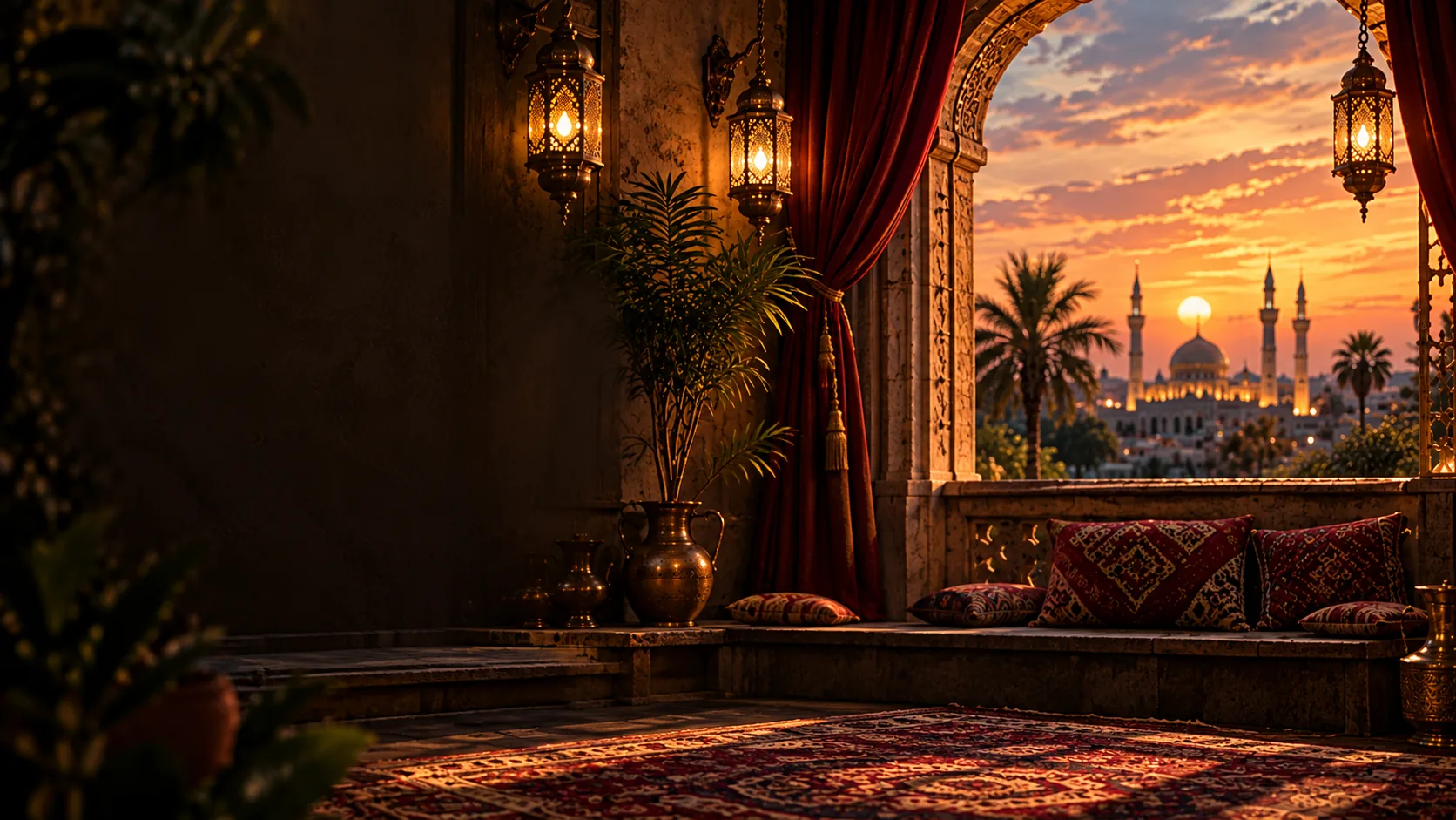 A lantern-lit Persian terrace at sunset
