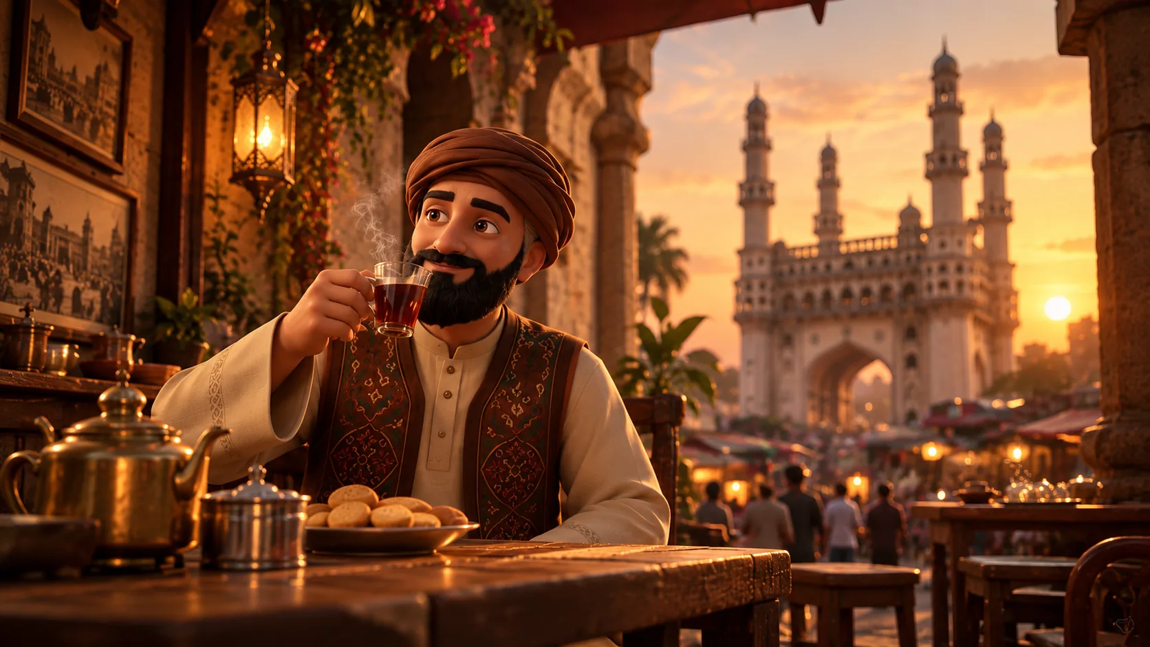 The Shay Tehran host enjoying tea beside Hyderabad's Charminar